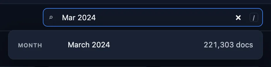 The tracker search box with 'Mar 2024' typed and the month March 2024 suggested with 221,303 documents