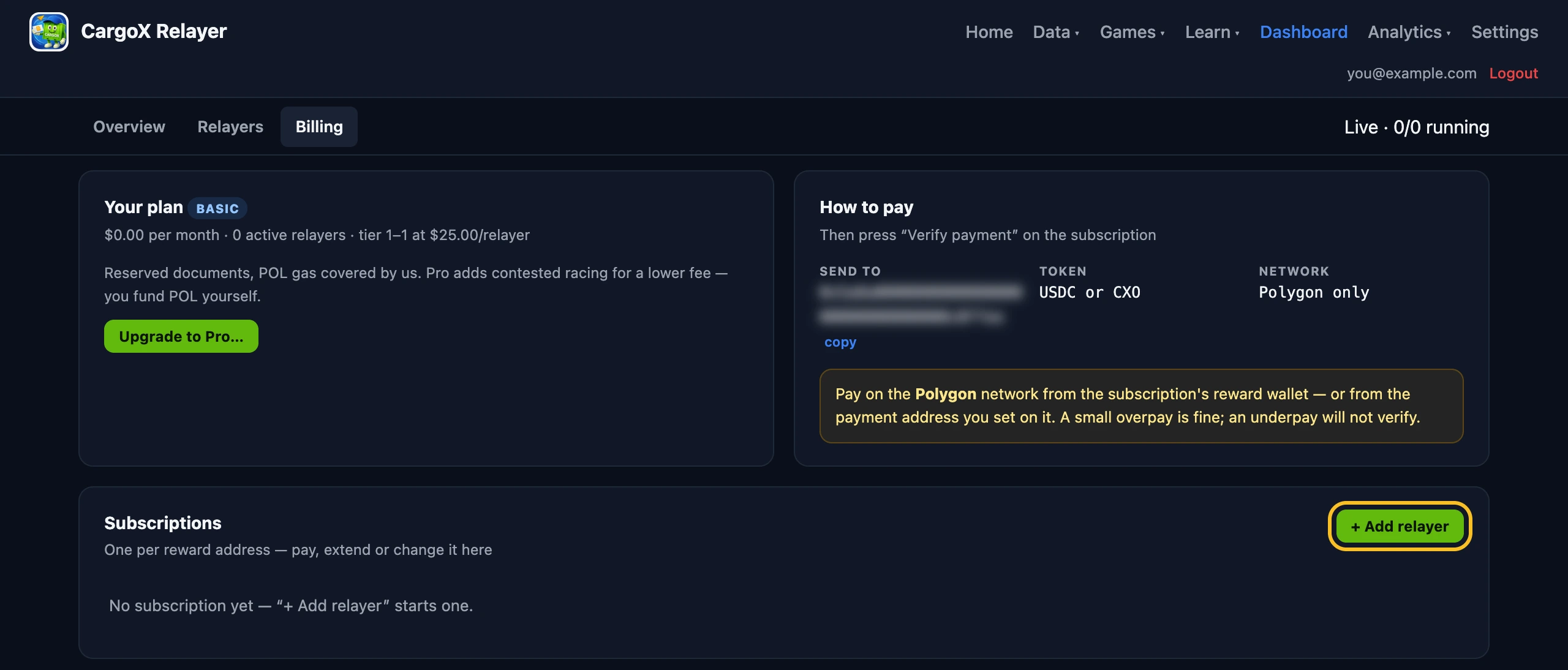The Billing tab of a new account: Your plan Basic, How to pay with token USDC or CXO on Polygon, and an empty Subscriptions card with the + Add relayer button highlighted