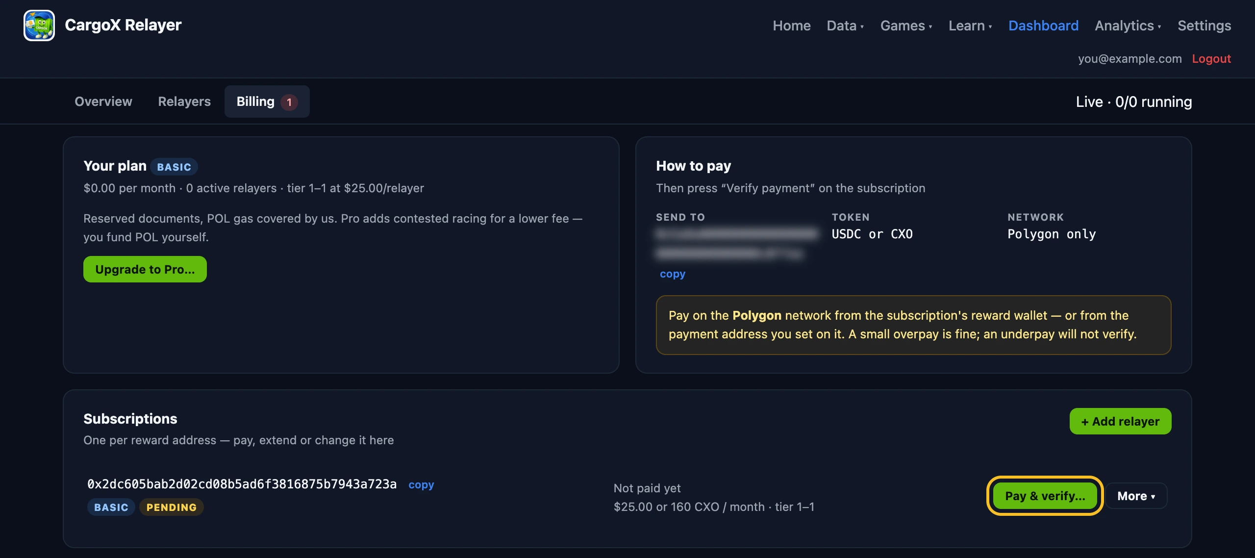 Billing with one subscription marked BASIC and PENDING, Not paid yet, the monthly price and the highlighted Pay and verify button