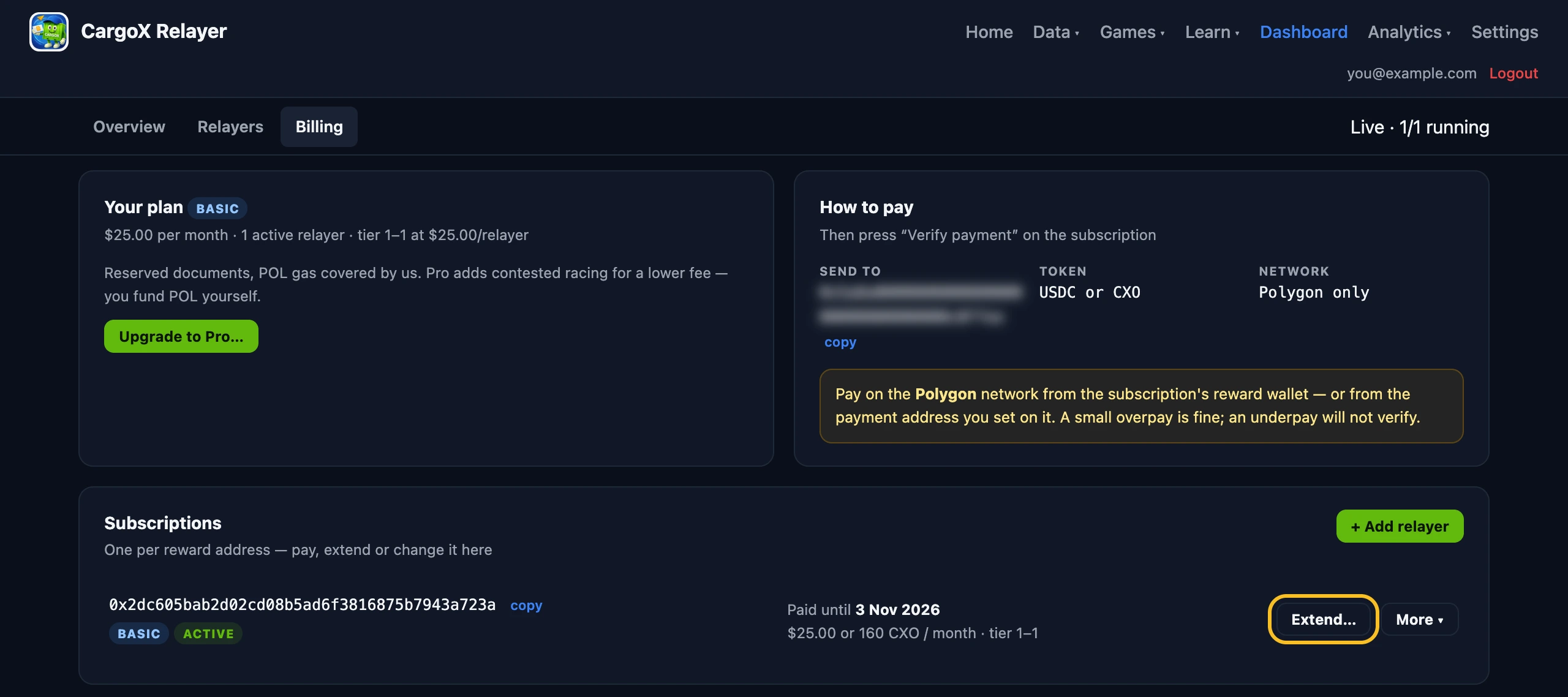 Billing with an ACTIVE subscription paid until a date one month ahead and the highlighted Extend button
